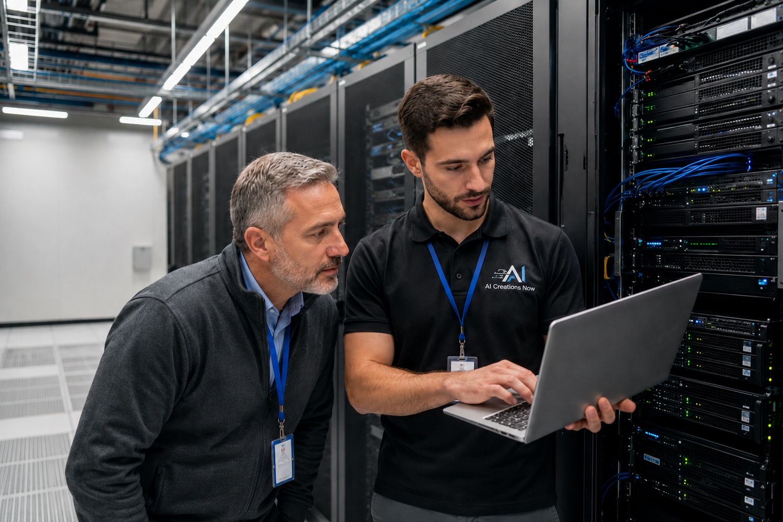 AI Creations Now technical staff assisting a Microsoft data center professional with server infrastructure