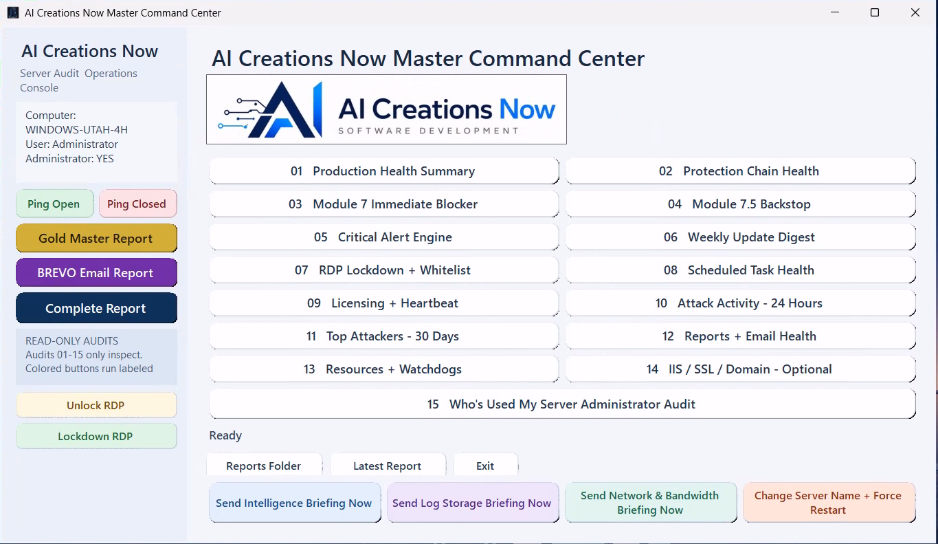 Actual AI Creations Now Master Command Center showing 15 audit modules, reports, email briefings and RDP controls