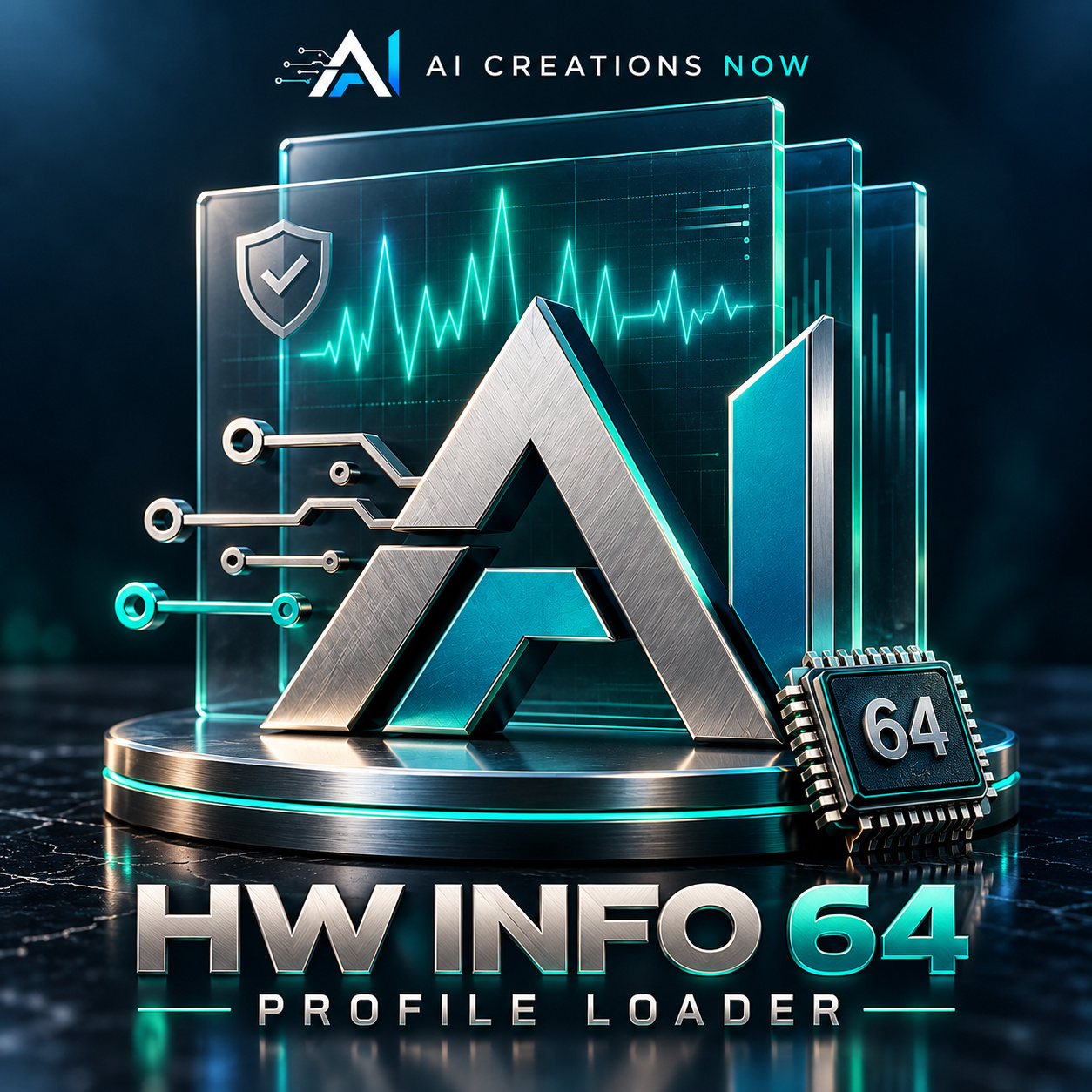 AI Creations Now HW Info 64 Profile Loader — teal sensor profiles, protected-stock shield, and a 64-bit chip