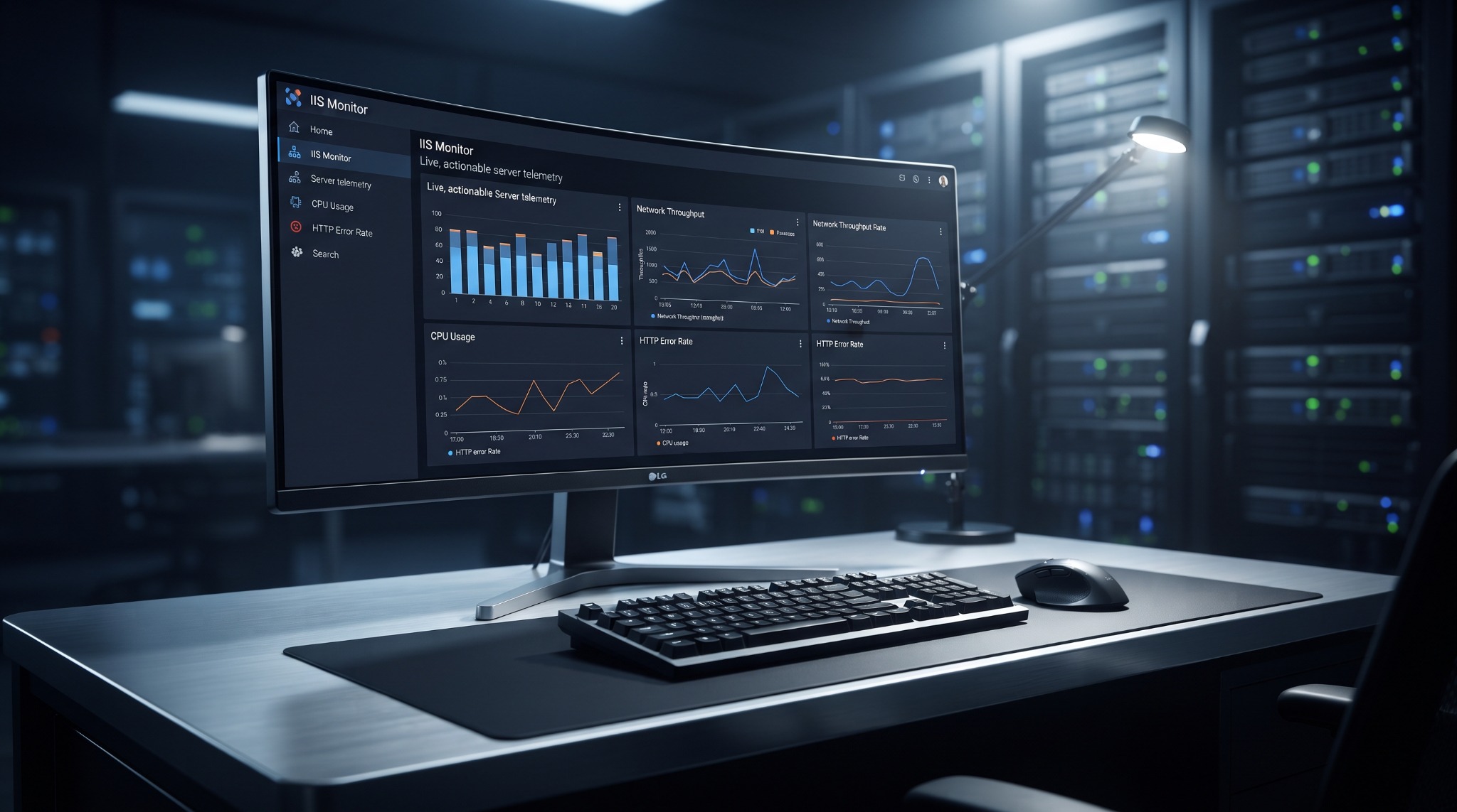 IIS Monitor dashboard displayed in a professional server control room