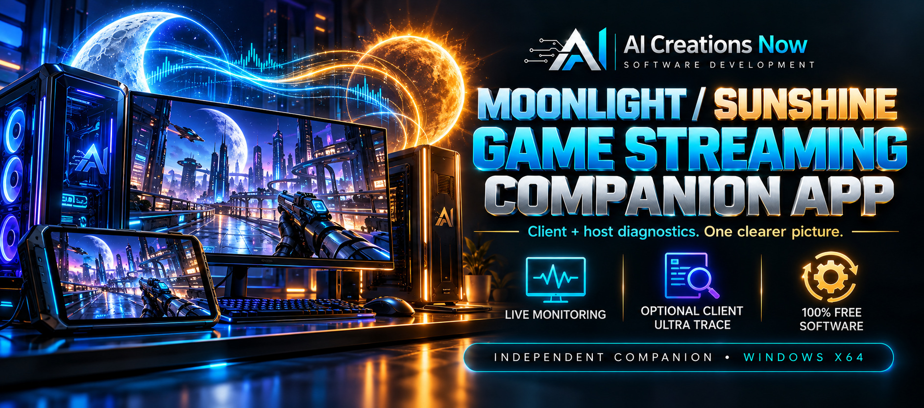 AI Creations Now Moonlight Sunshine Game Streaming Companion App. Client and host diagnostics, live monitoring, optional client Ultra Trace, 100% free Windows x64 software. Independent companion.