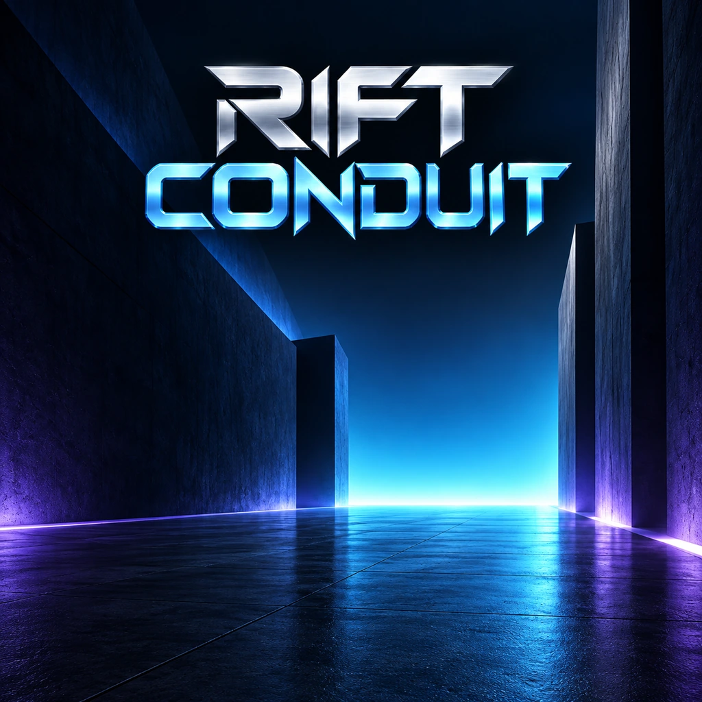 Rift Conduit — silver and cyan lettering above an illuminated architectural passage from AI Creations Now