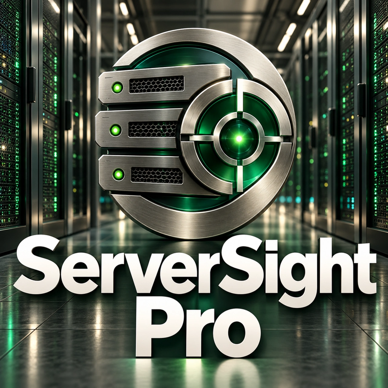 ServerSight Pro — silver server and green monitoring emblem in a data center, with the ServerSight Pro wordmark.