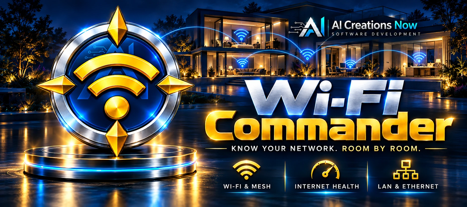 Wi-Fi Commander — a gold wireless signal emblem in a silver compass, with a midnight-blue connected-home backdrop