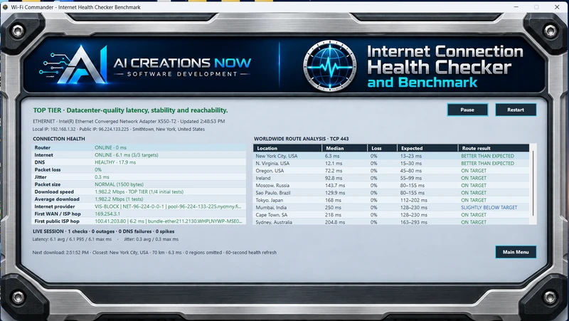 Actual silver Internet Connection Health Checker and Benchmark with connection details, latency, download measurements and worldwide route results