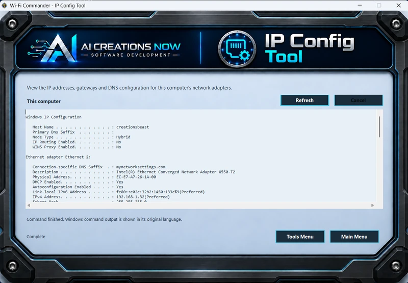IP Config Tool displaying the computer network adapter configuration