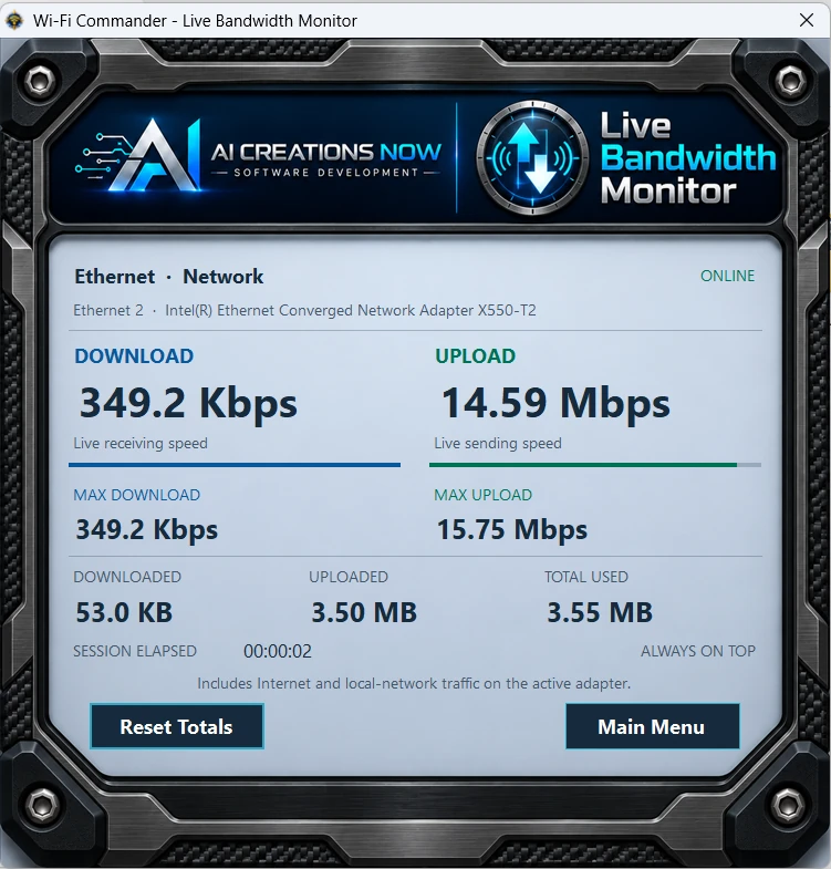 Actual black Live Bandwidth Monitor displaying current Ethernet download and upload rates, peaks and transferred totals