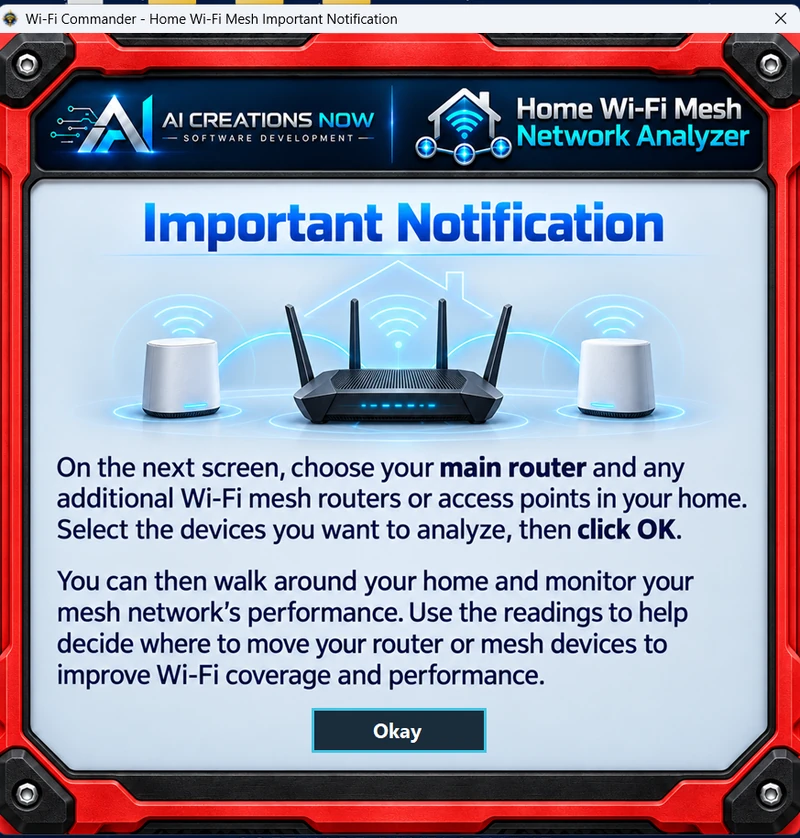 Red Home Wi-Fi Mesh Network Analyzer introduction with router illustration and Okay button