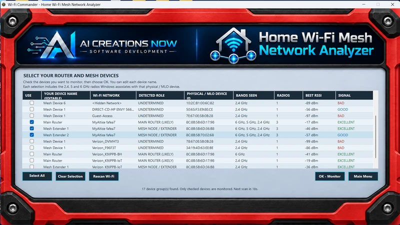 Actual mesh device selection screen with editable names, checkboxes, bands, signal readings and OK Monitor button