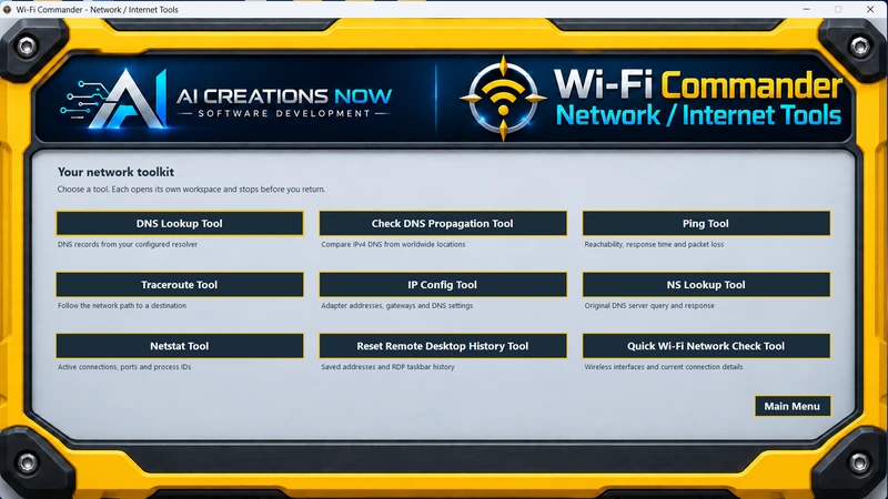Actual yellow Network Internet Tools menu with nine diagnostic and cleanup buttons