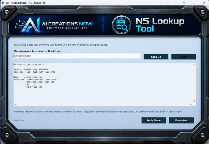 NS Lookup Tool displaying the configured DNS server and returned address records