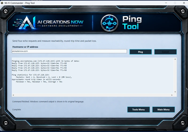 Ping Tool showing four Windows ping replies and response-time statistics