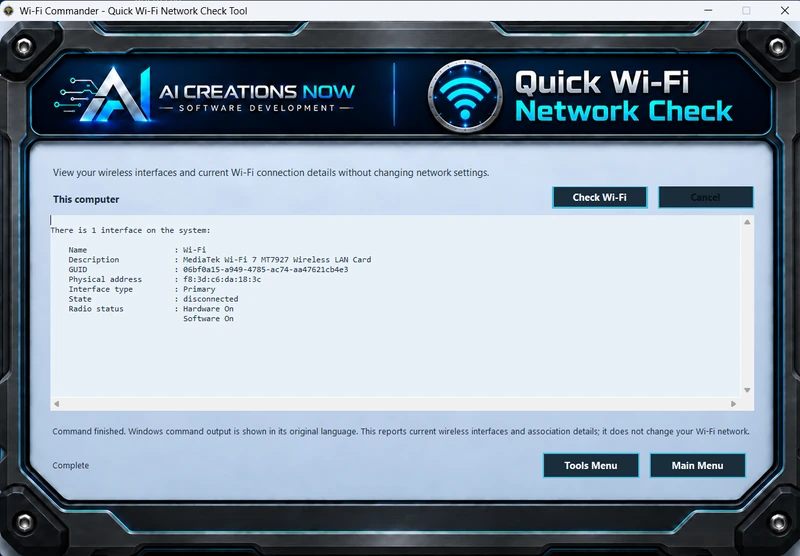 Quick Wi-Fi Network Check Tool displaying Windows wireless interface information