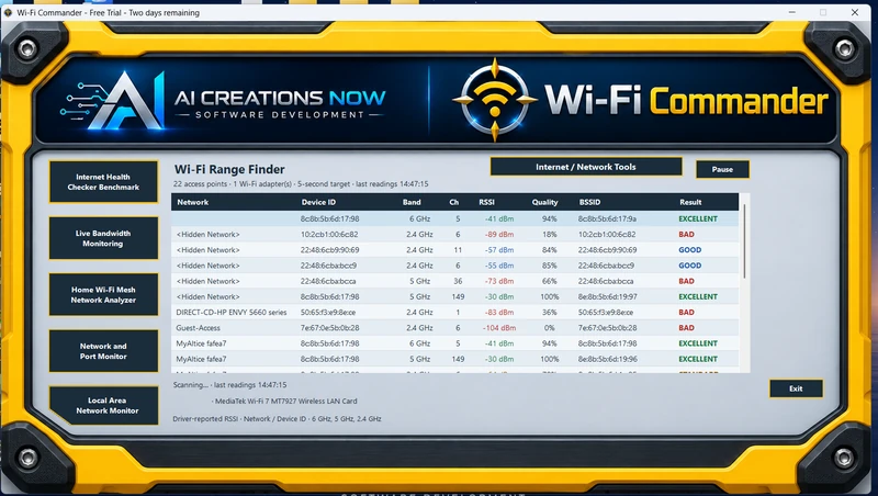 Actual yellow Wi-Fi Commander main dashboard with nearby Wi-Fi network table and six main tool buttons