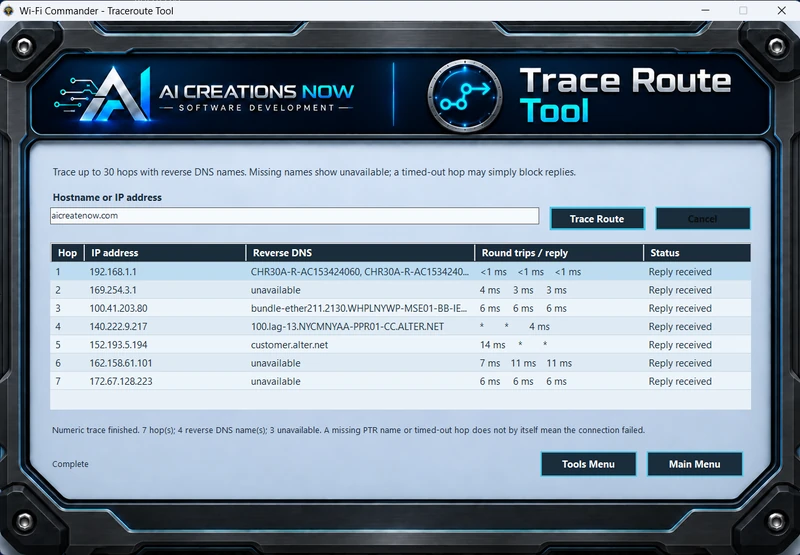 Trace Route Tool with hop numbers, addresses, reverse DNS names and round-trip times